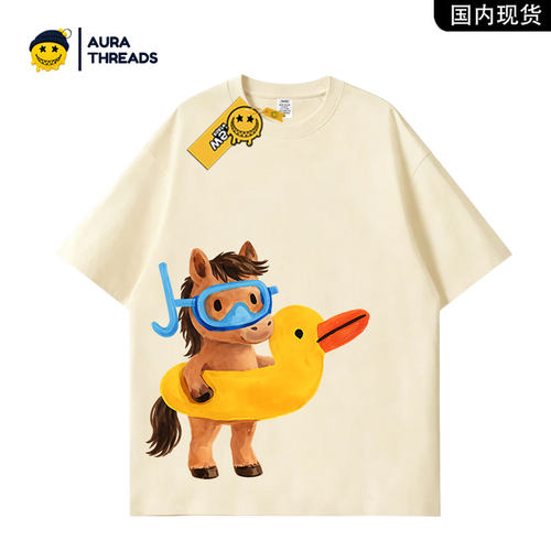 【品牌现货】AURA THREADS卡通短袖T恤男女宽松纯棉百搭趣味上衣