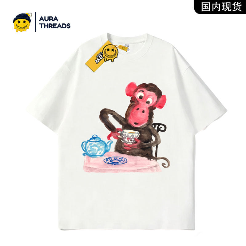 【品牌现货】AURA THREADS小猴子印花短袖T恤男女宽松夏季上衣