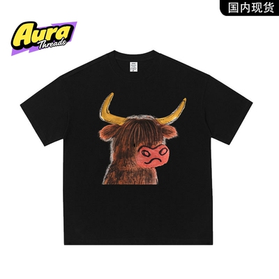 【品牌现货】AURA THREADS卡通风牛头印花短袖T恤男女宽松上衣