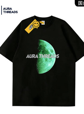 【品牌现货】AURA THREADS月亮印花短袖T恤男女宽松潮牌黑色上衣