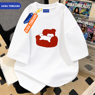 AURA THREADS官网正品卡通印花短袖T恤男女美式oversize纯棉上衣