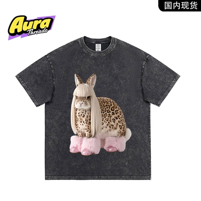【品牌现货】AURA THREADS潮牌风格豹纹兔落肩袖短袖男女宽松上衣