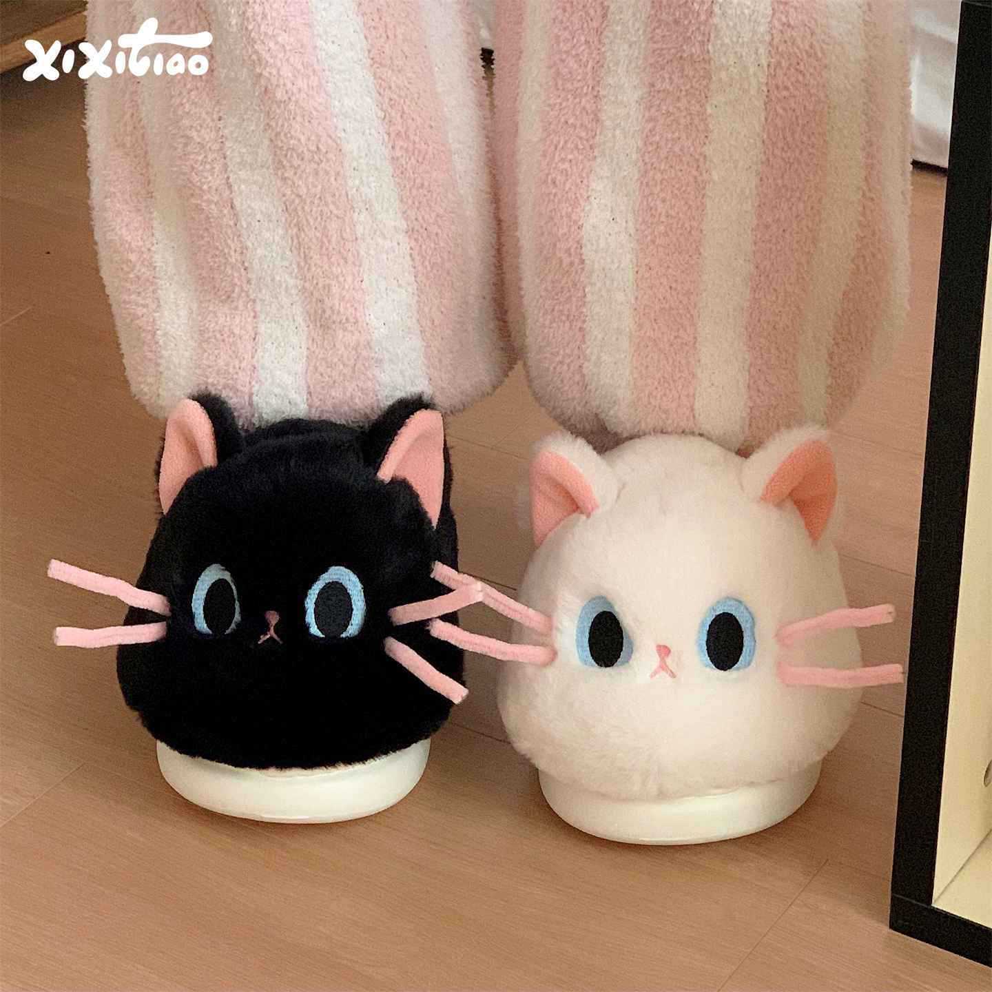 高颜值软萌小猫包跟棉拖鞋女保暖防滑居家冬季月子鞋可爱毛毛鞋