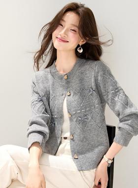 ROUMIKL小香风灰色蝴蝶结针织开衫短款圆领减龄百搭秋冬毛衣时尚