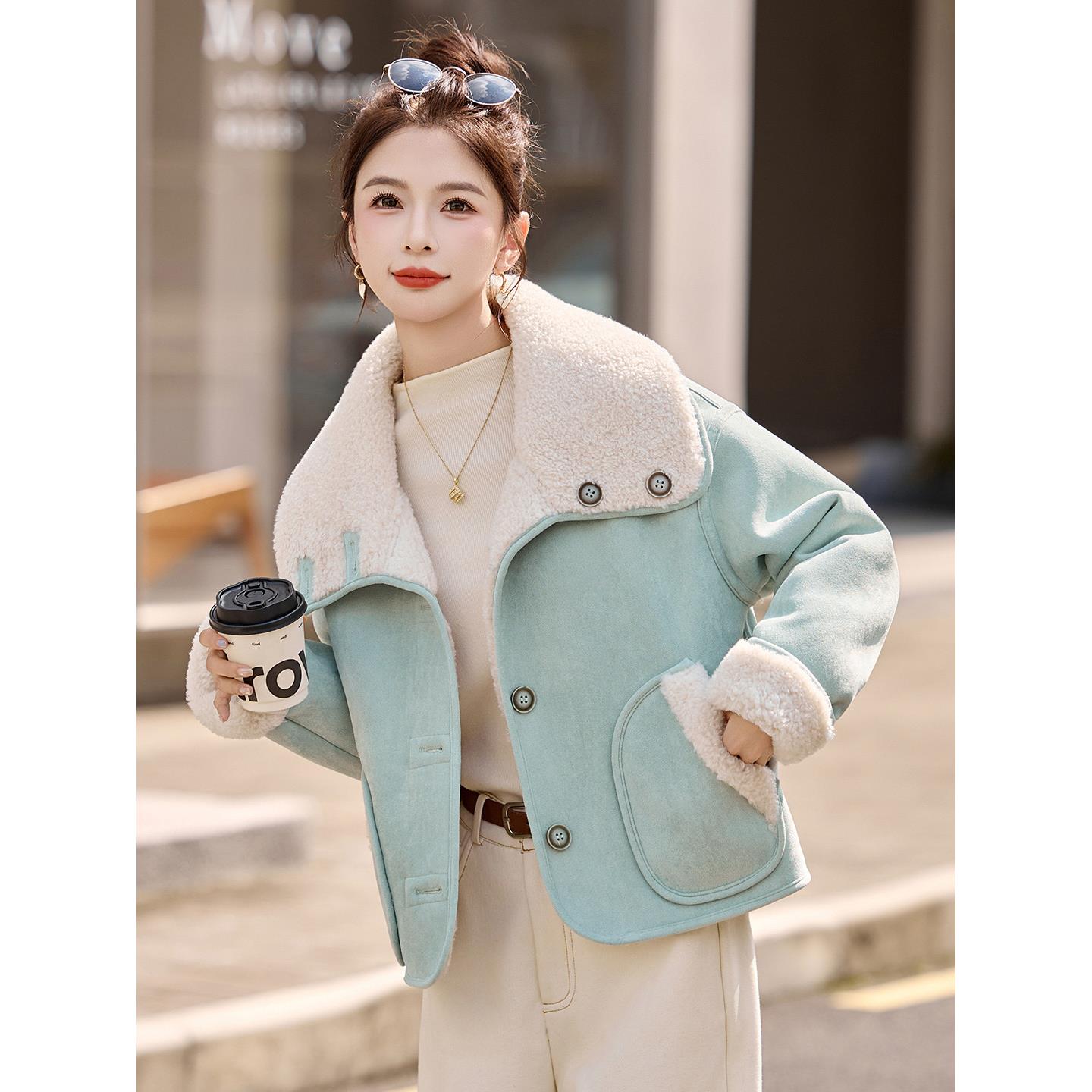 ROUMIKL翻领羊羔毛外套女短款加厚宽松显瘦双面穿皮毛一体衣