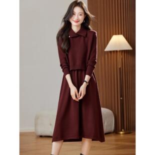 ROUMIKL优雅端庄翻领针织马甲毛衣裙套装秋冬中长款高级感显瘦内