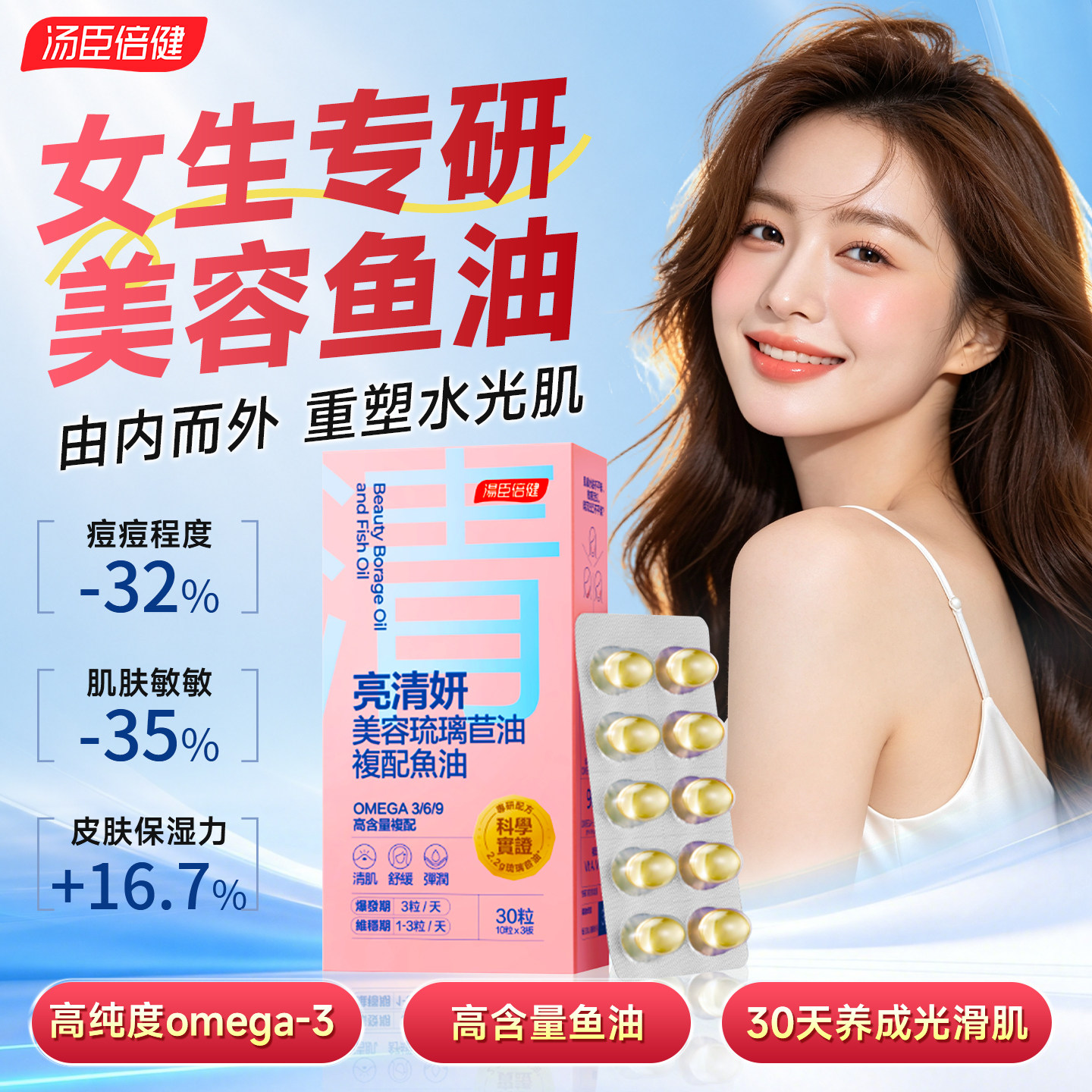 汤臣倍健双萃水光美容鱼油女生提亮高纯omega3护肤祛痘成人软胶囊