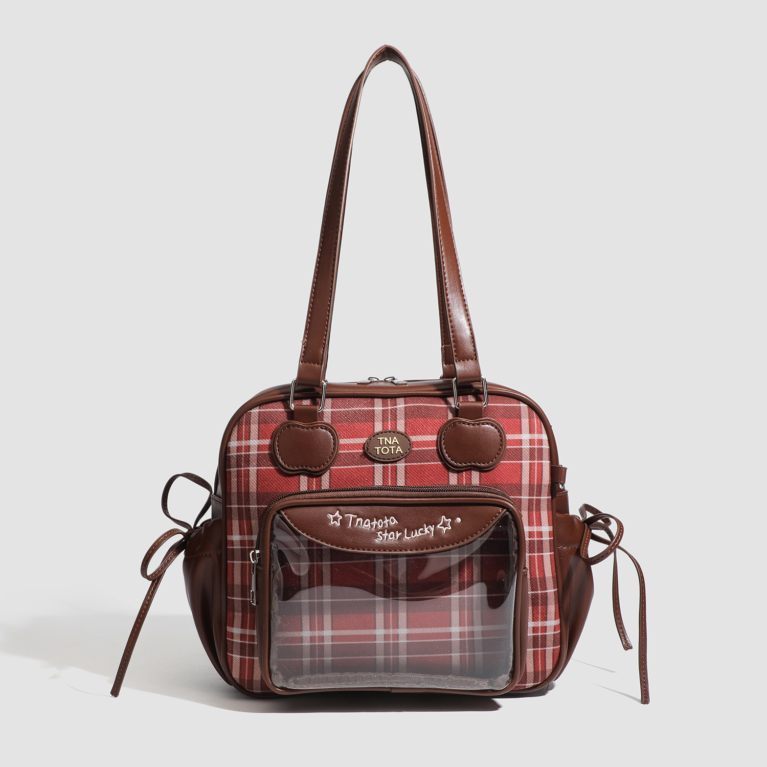 包包女小众高颜值保龄球包红色格子拼接透明包小食量痛包单肩包潮