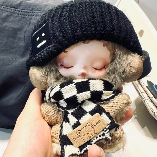 SP冬日乐章娃衣黑白格围巾毛绒适用于泡泡玛特沐木搪胶娃衣服套装