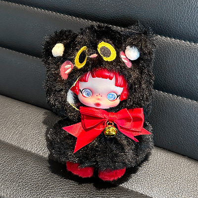 SP冬日乐章娃衣黑猫咪披风适用泡泡玛特SKULLPANDA搪胶娃毛绒衣服