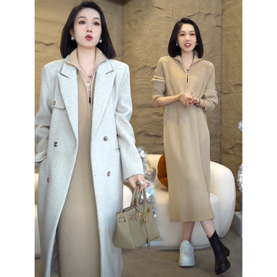 秋冬配大衣内搭中长款毛衣裙女神范加厚保暖针织打底连衣裙奶茶色