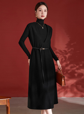 秋冬新款轻奢100%绵羊毛V领连衣裙宽松无袖黑色中长裙配腰带7928
