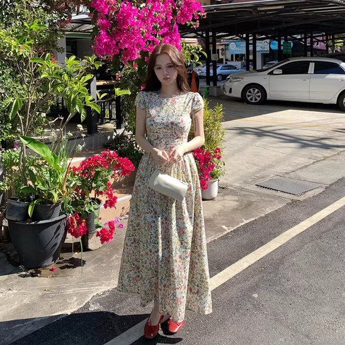 neurcz 莫奈花信 短袖碎花纯棉连衣裙女春夏圆领长短款修身收腰裙