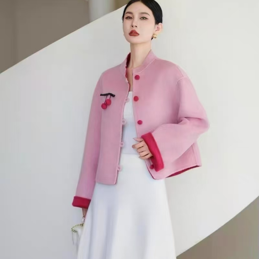 2025秋冬爆款樱桃款双面羊绒大衣女短款AB面双色中式毛呢外套