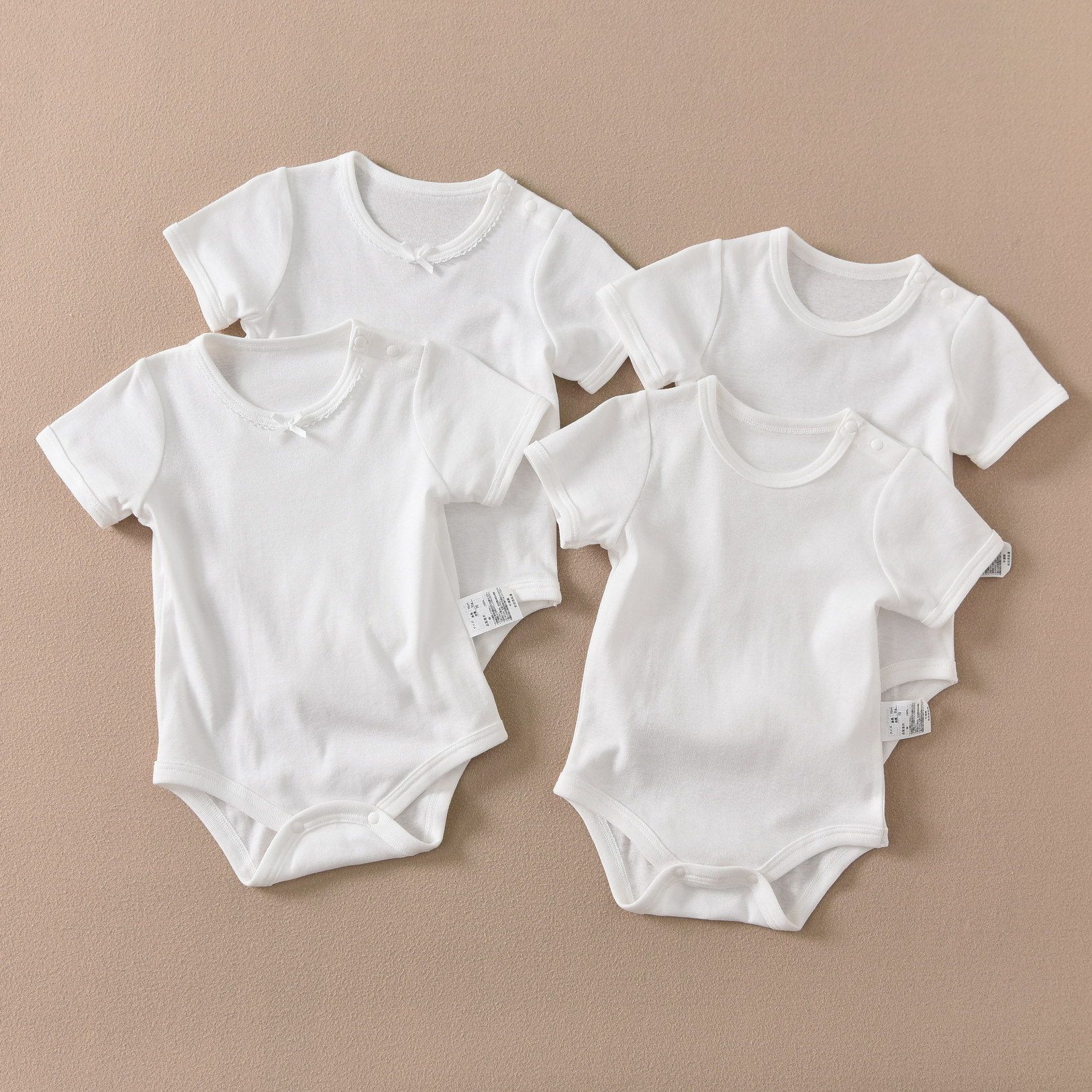 出口日本婴幼儿短袖连体哈衣男女宝宝白色三角包屁衣薄螺纹款爬服