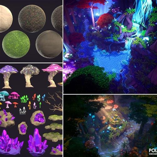 虚幻UE5风格化魔法森林环境场景卡通资产模型材质植物y二次元低聚