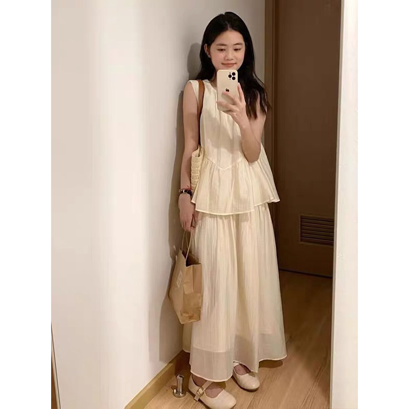 小个子杏色禅意棉麻天丝套装女夏季无袖上衣配半身裙两件套连衣裙