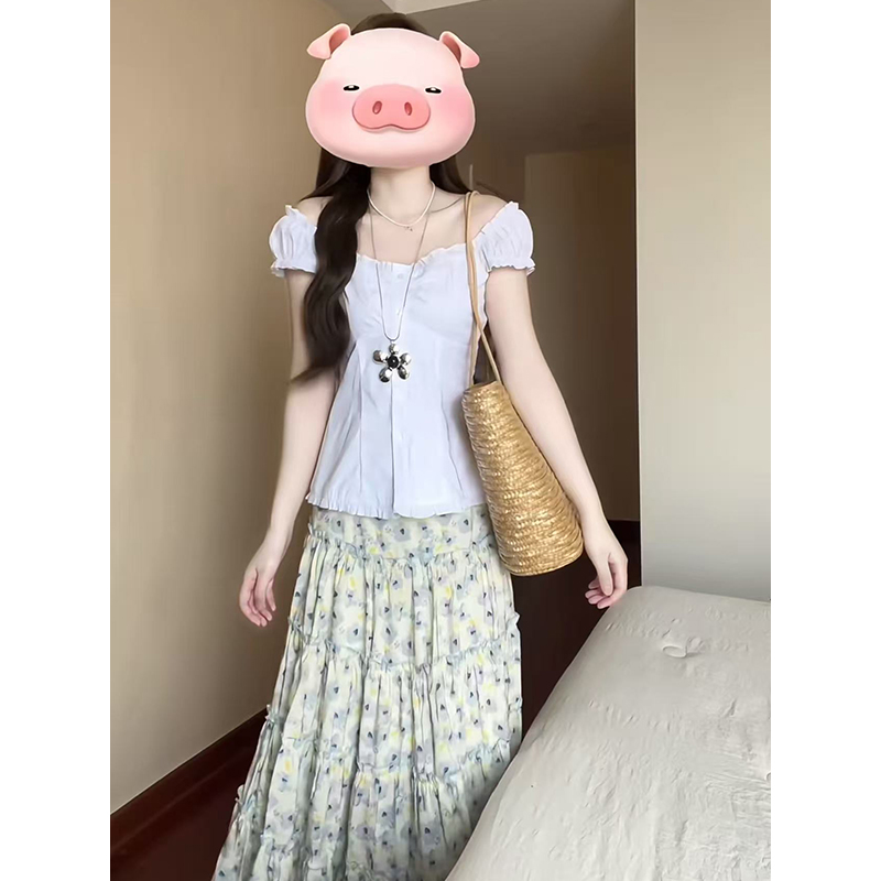 2025夏季新款白色设计感圆领上衣女修身显瘦性感小衫碎花蛋糕裙