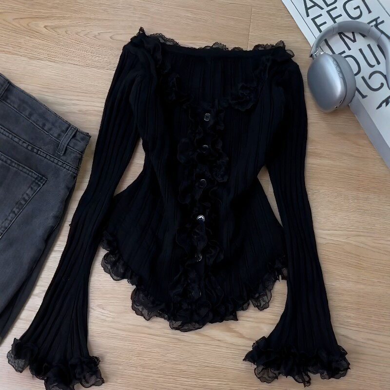 大码女装蕾丝拼接黑色针织开衫长袖春季微胖mm显瘦内搭打底衫上衣