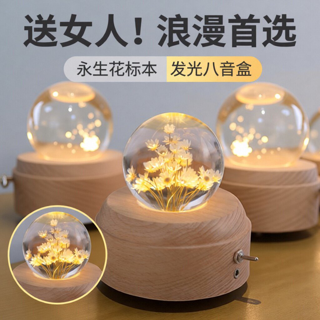 送女生礼物蒲公英水晶球八音盒木质雏菊永生花标本生日Z1包邮情侣