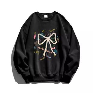 蝴蝶结印花杏色卫衣女款2025新款爆款小个子宽松圆领无帽正肩长袖