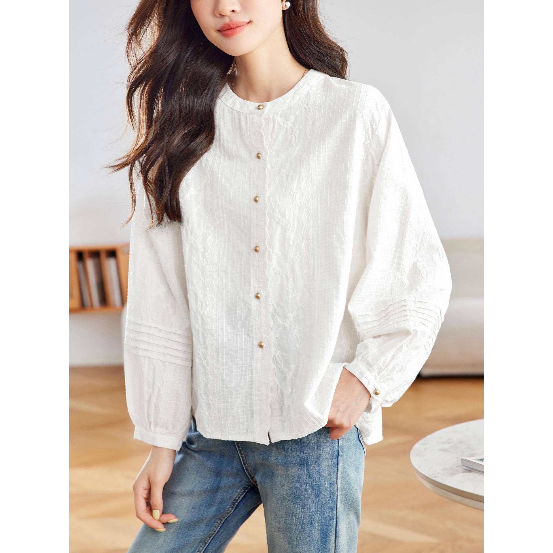 JOYIASS法式小资纯圆领长袖衬衫女2025秋季新款休闲宽松独特超好