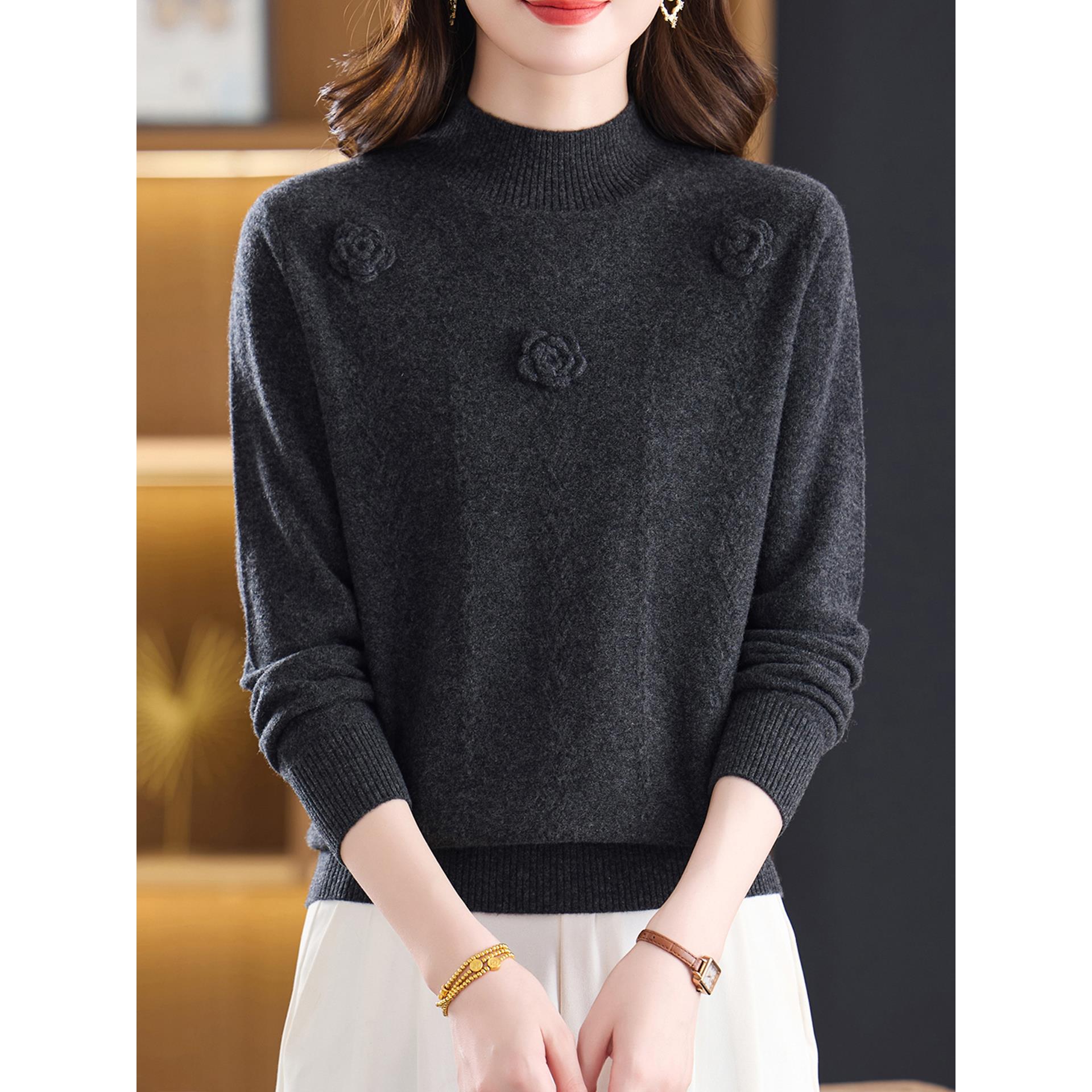 JOYIASS立体花朵半高领100纯衫女秋冬2025新款洋气内搭针织打底毛