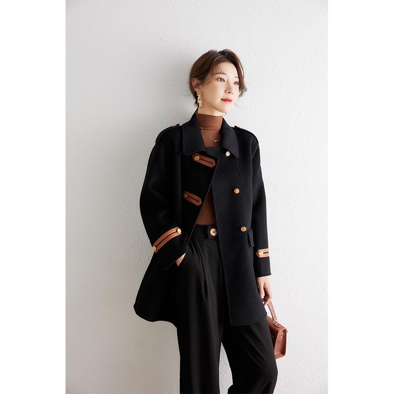 JOYIASS双面呢大衣女小个子2025春季新款双排皮扣高级感零外套