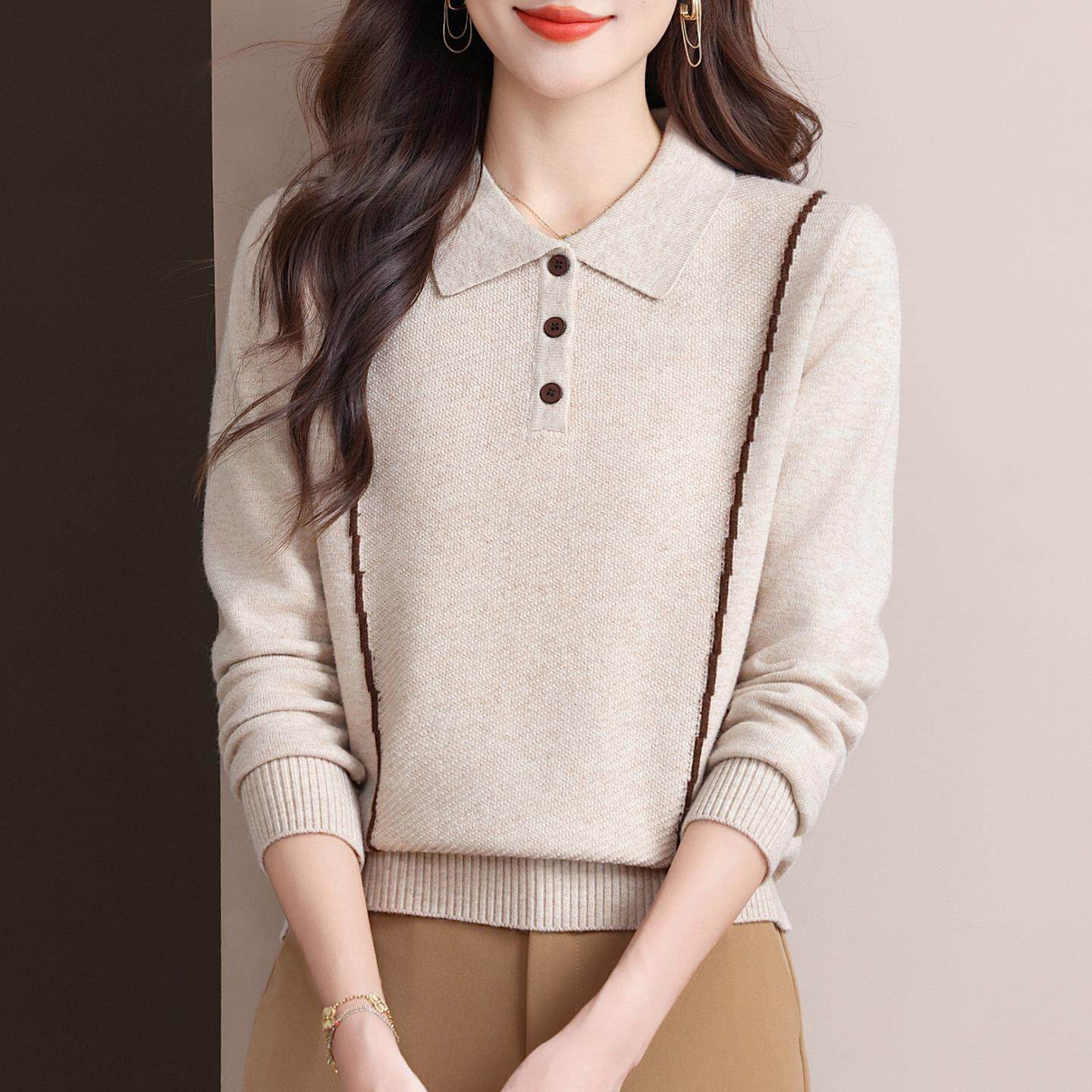 JOYIASS洋气妈妈早秋装2025新款女装长袖针织衫春秋上衣翻领毛衣