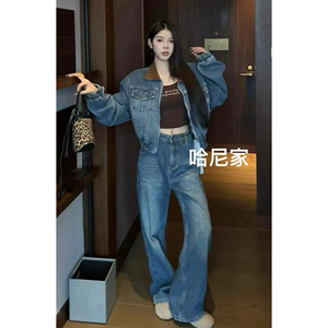 DAMIN 2024冬季新款拼色翻领加绒短款外套高腰阔腿裤女牛仔套装女