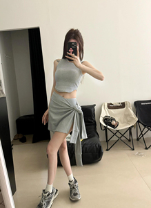 DAMIN 2024夏季新款辣妹修身背心+高腰不规则绑带半身裙套装女