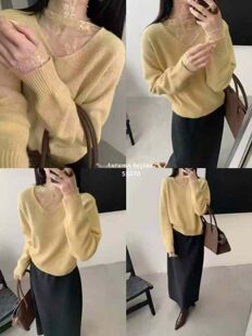 秋冬新款女针织衫蕾丝拼接半高领打底衫温柔风显瘦长袖上衣