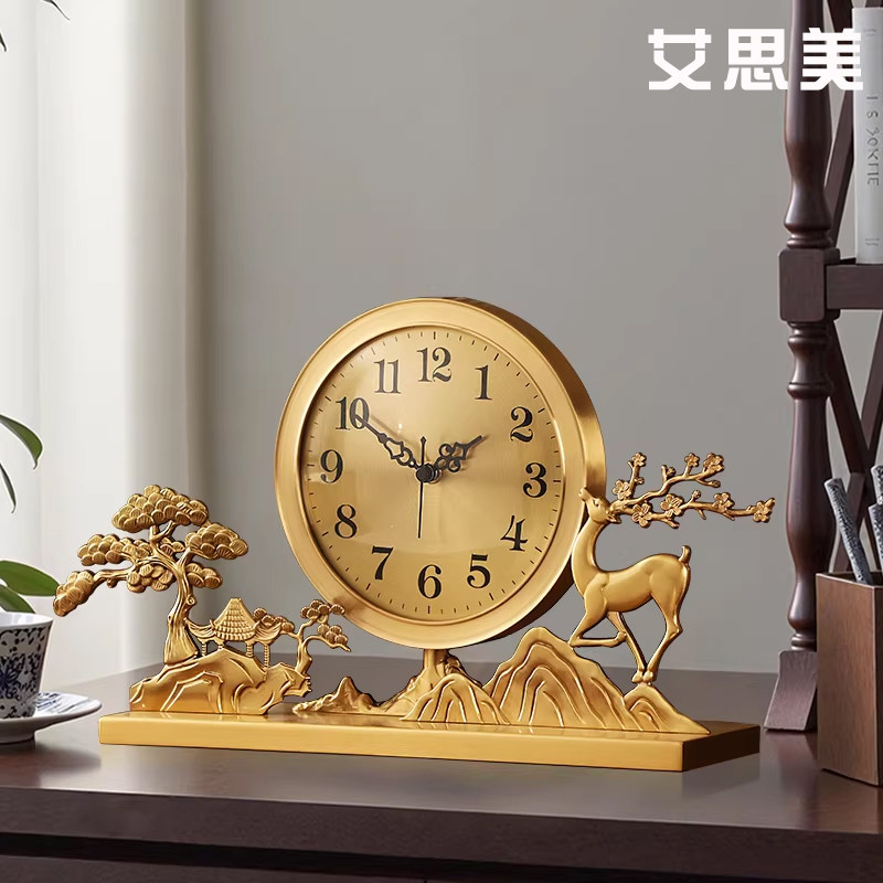 黄铜座钟台式钟表摆件客厅家用座钟福鹿复古摆钟静音桌面时钟坐钟