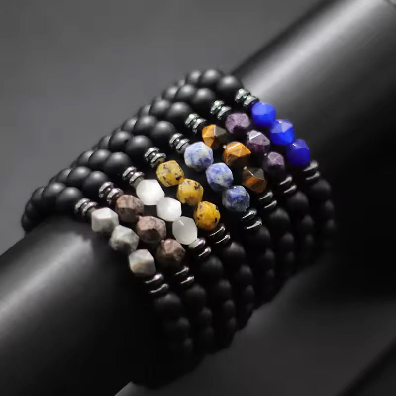 Black agate tiger eye stone blue patterned Bohemian style