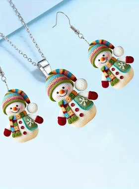 Acrylic colored scarf, Christmas snowman earrings pendant ne