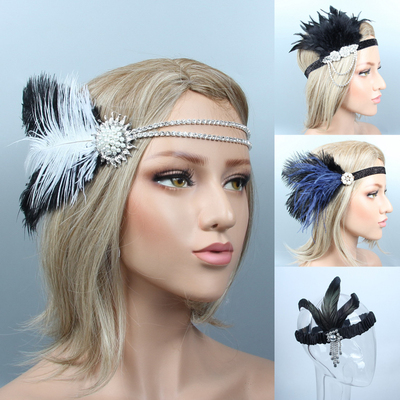 Vintage Party Headpiece Beaded Flapper Hair Feather Headband