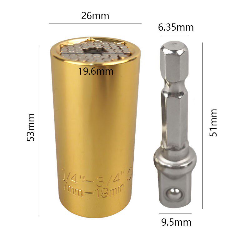 公英7-19mm套筒3/8六角柄A接杆1/4-3/4金色棘轮套筒