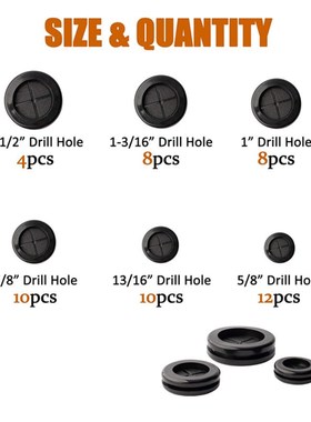 52PCS件 6 种尺寸橡胶索环,双面圆形橡胶孔U塞钻孔黑白色套件