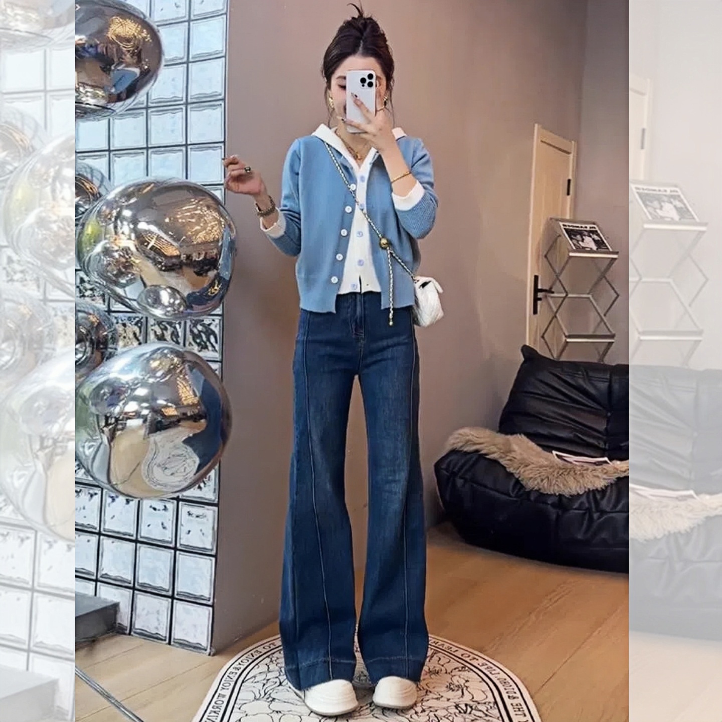 MONLOUVE秋季蓝色假两件针织开衫牛仔裤套装女2025新款显瘦高级感