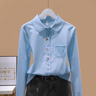 棉布衬衫女洋气长袖上衣2025年春秋季新款女装时尚刺绣法式小衫