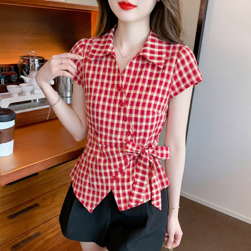 港式不规则系带红色格子衬衫女