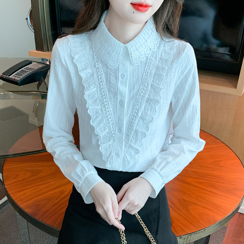 蕾丝拼接polo领棉衬衫女百搭木耳边法式洋气上衣2026春秋长袖打底