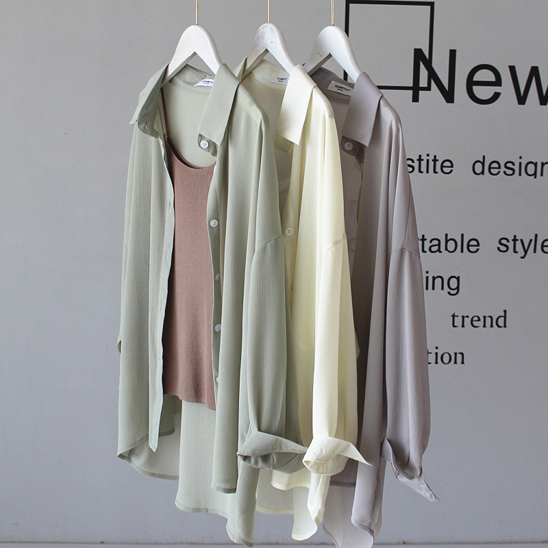 高级感冷色系雪纺半透防晒衬衫女薄款透气夏天防晒衣外搭宽松上衣
