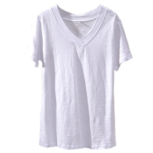2025夏新款韩版V领竹节棉T恤简约百搭前短后长设计纯棉短袖上衣女
