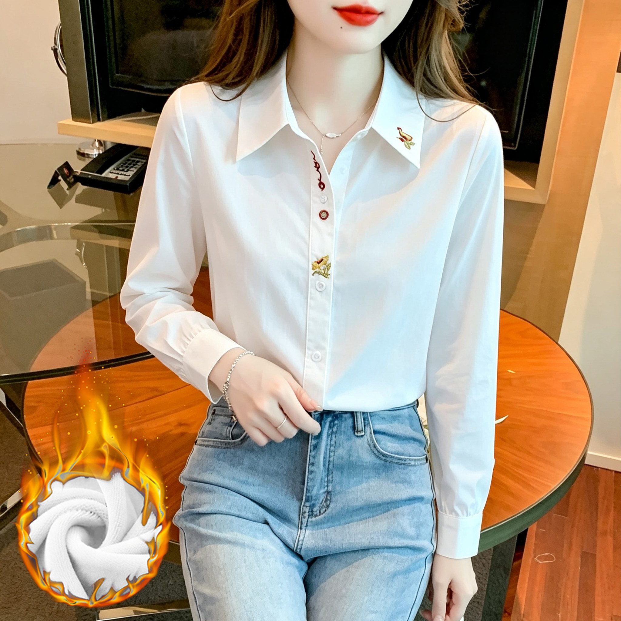 加绒加厚洋气刺绣衬衫女长袖翻领一体绒百搭显瘦时尚打底衫上衣