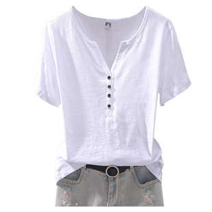 2025夏新纯色竹节棉短袖t恤女宽松休闲简约打底上衣小衫半袖体恤