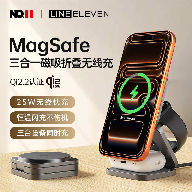 十一号线苹果三合一磁吸无线充电器MagSafe磁吸式无线充QI2.2认证适用iPhone17Pro耳机手表便携可折叠快充25W