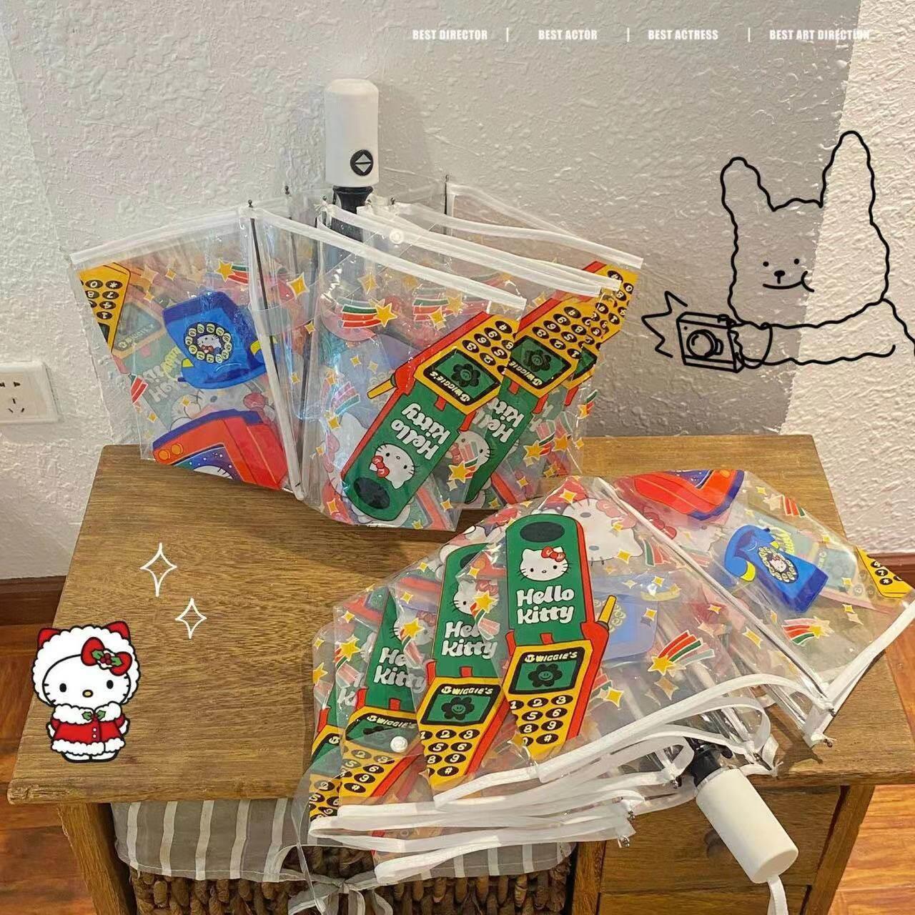 高颜值三折透明伞复古电话机造型 二次元风格INS小众设计雨伞图片