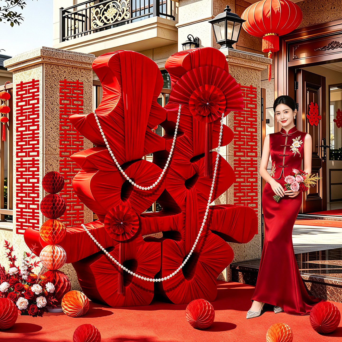 结婚超大立体缠布双喜成品摆件订婚宴婚宴婚庆布置装饰摄影道具