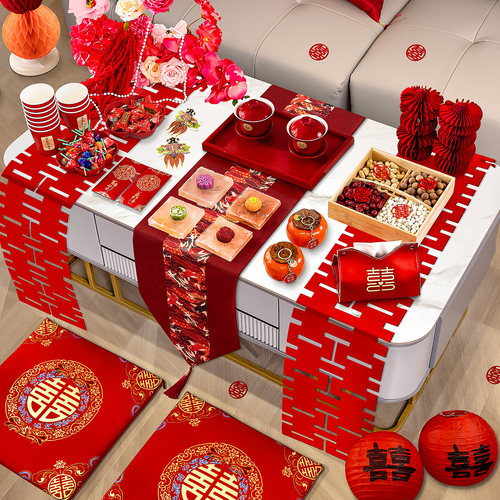 结婚茶几装扮摆件敬茶喜庆布置客厅中式婚礼仿真花婚房布置高级感